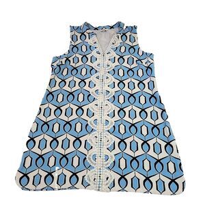 Crown & Ivy Geometric Lace Dress M Sleeveless Blue & White Shift Liquid Knit